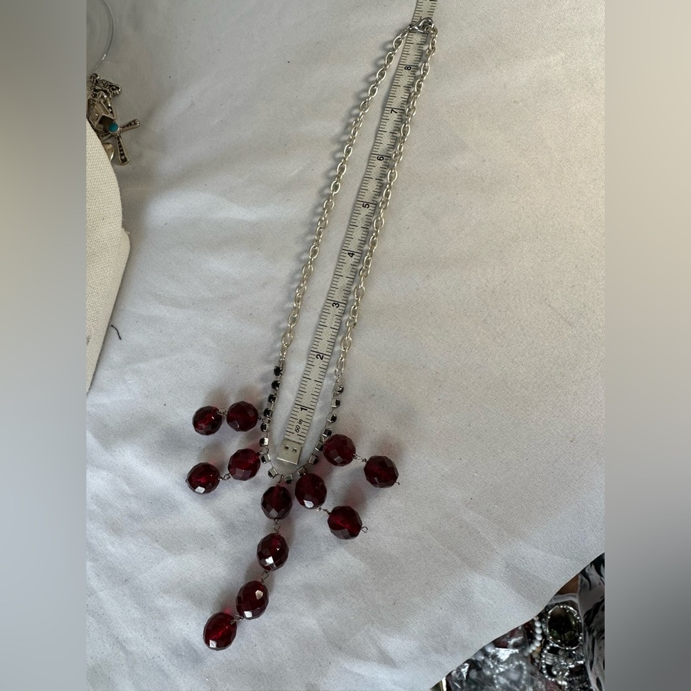 Funky older red drippy bead and black rhinestone necklace